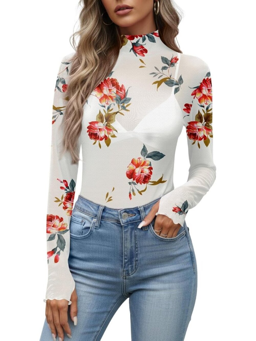 Women's Rose White Polyester Mesh Top Blouse Party Clubwear Long Sleeve Shirt